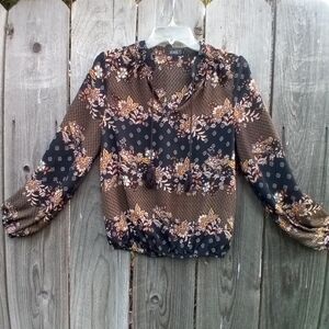 CURE TOP WOMENS SZ M BROWN FLORAL PRINT PULLOVER TUNIC LONG SLEEVE V TIE NECK